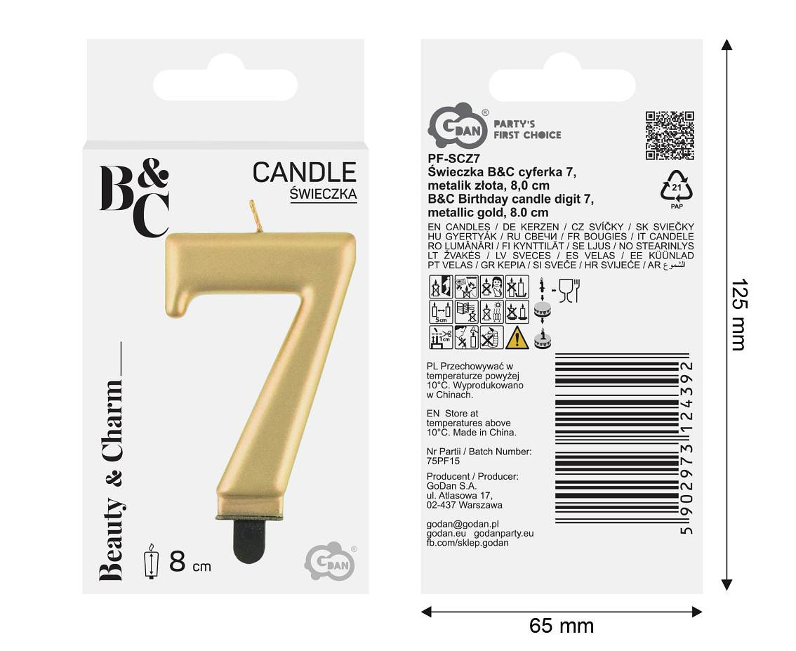 Birthday candle digit 7, metallic gold,  8.0 cm